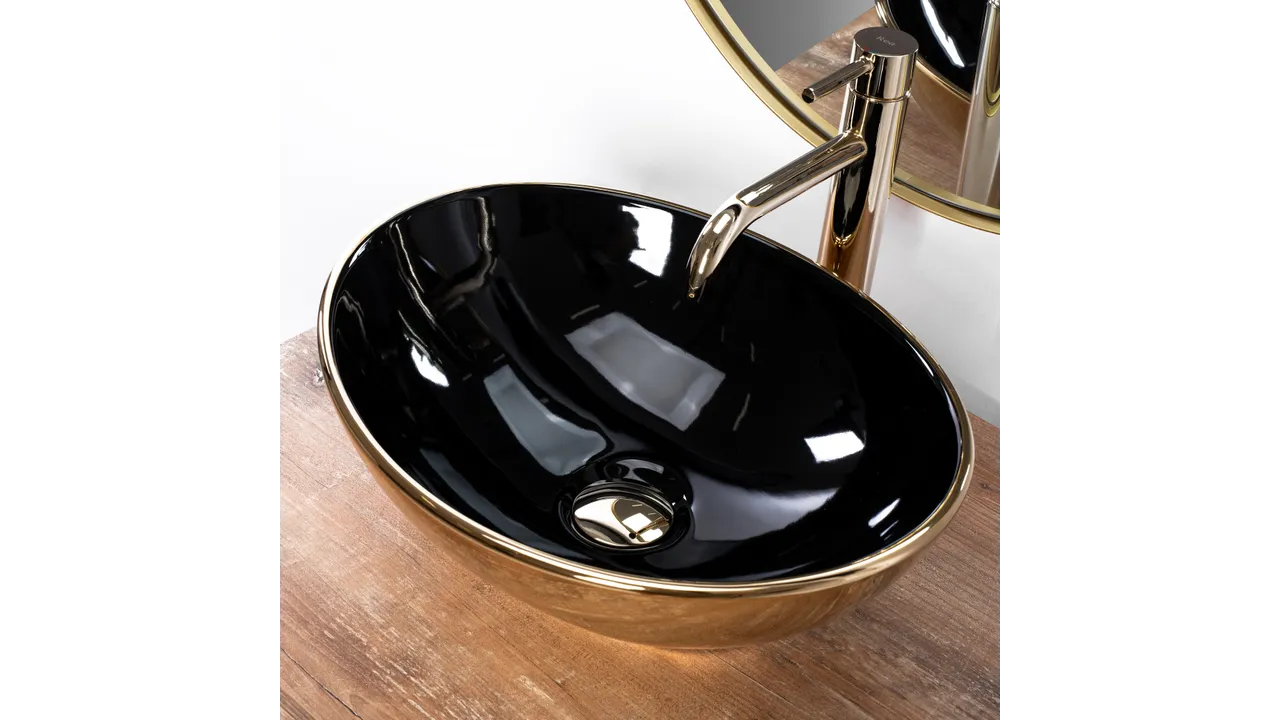 Lavoar baie pe blat formă ovală lungime 41 cm culoare auriu/negru model Sofia Black Gold [2]