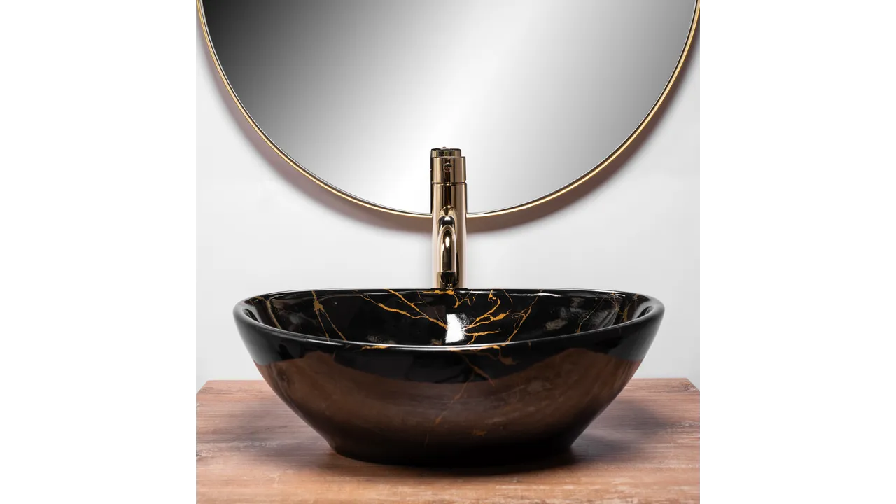 Lavoar pe blat formă ovală lungime 41 cm culoare negru model Sofia Marble Black [3]