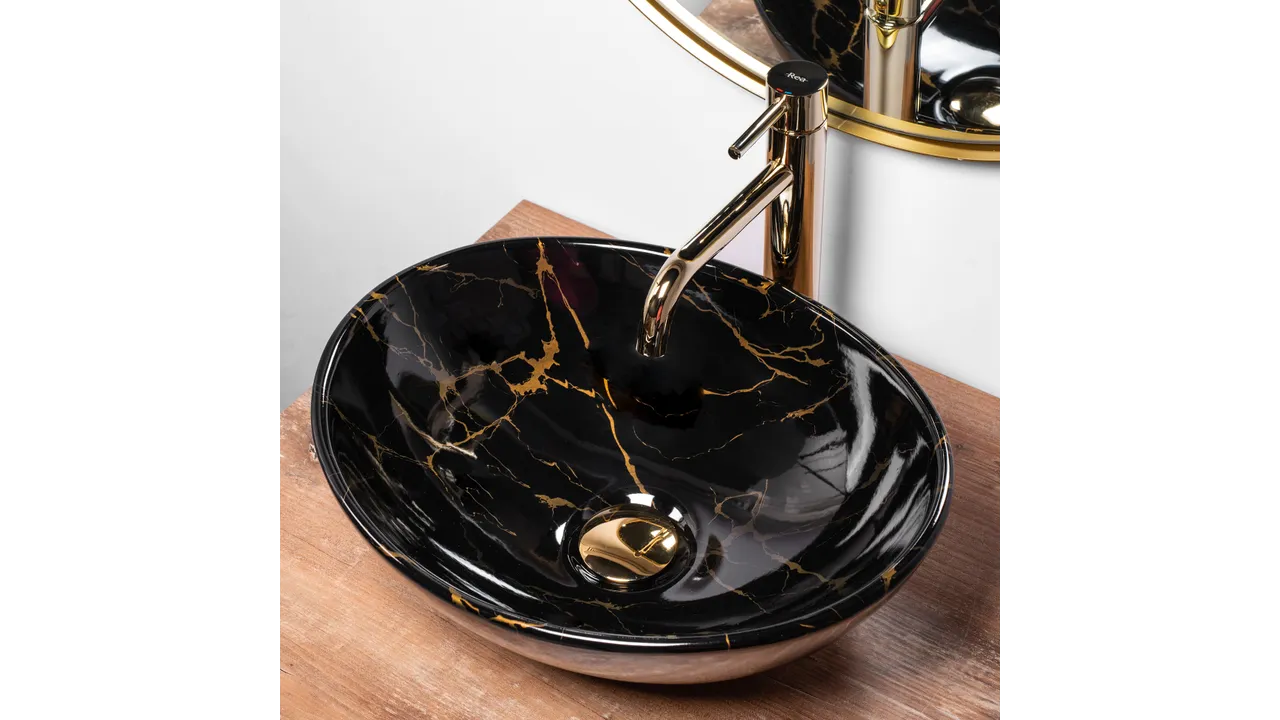 Lavoar pe blat formă ovală lungime 41 cm culoare negru model Sofia Marble Black [2]
