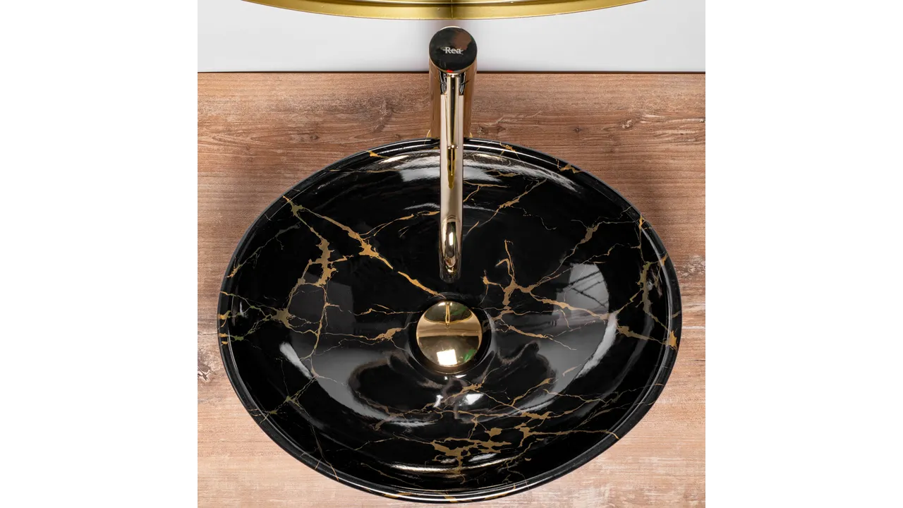 Lavoar pe blat formă ovală lungime 41 cm culoare negru model Sofia Marble Black [4]