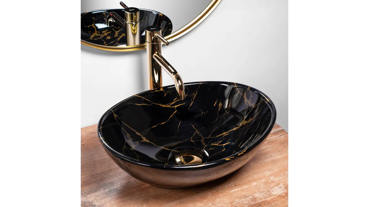Lavoar pe blat formă ovală lungime 41 cm culoare negru model Sofia Marble Black [1]