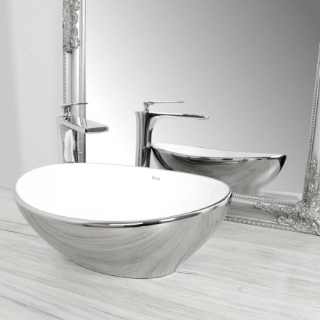 Lavoar baie pe blat formă ovală lungime 41 cm culoare crom/alb model Sofia Silver White [1]