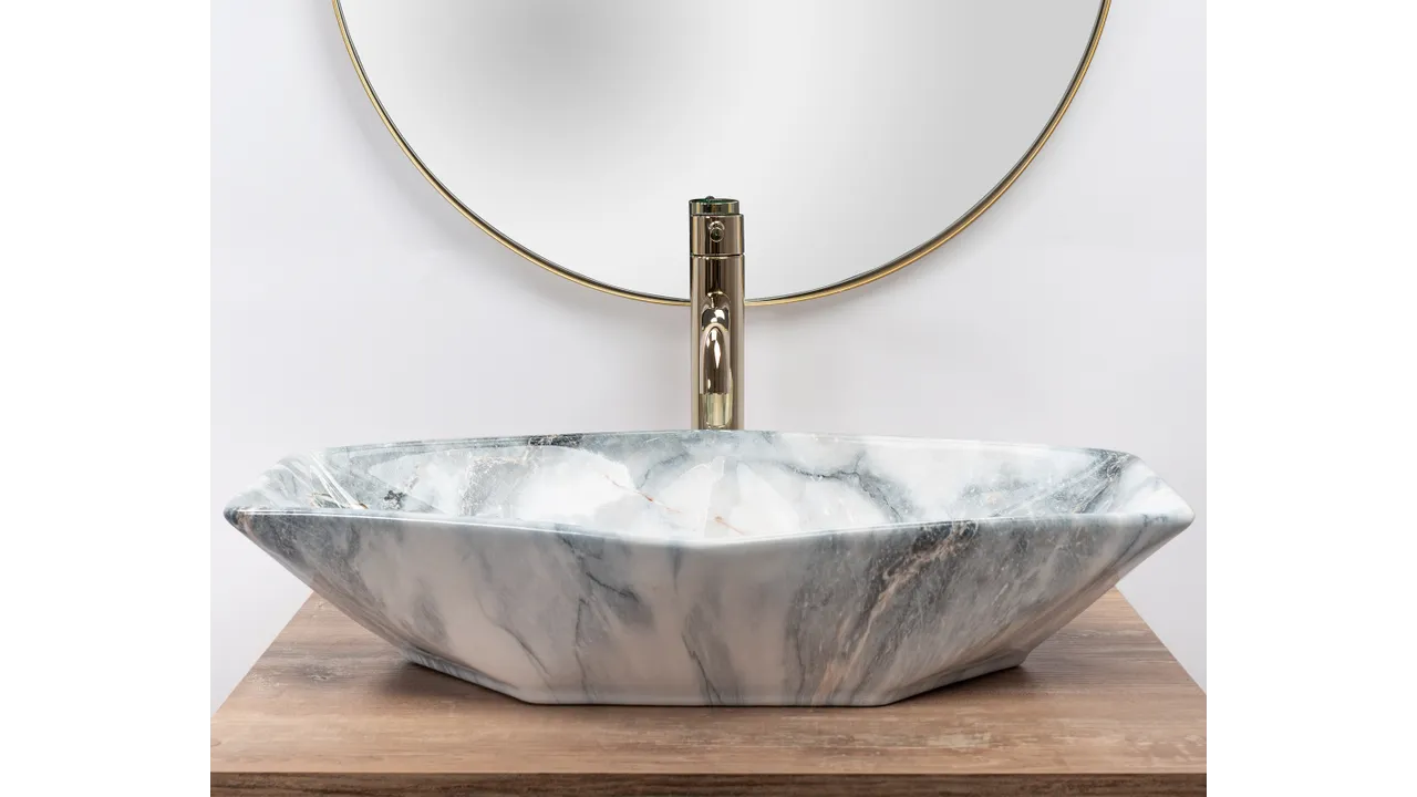 Lavoar baie pe blat formă hexagonală lungime 57 cm culoare gri model Vegas Granit [4]
