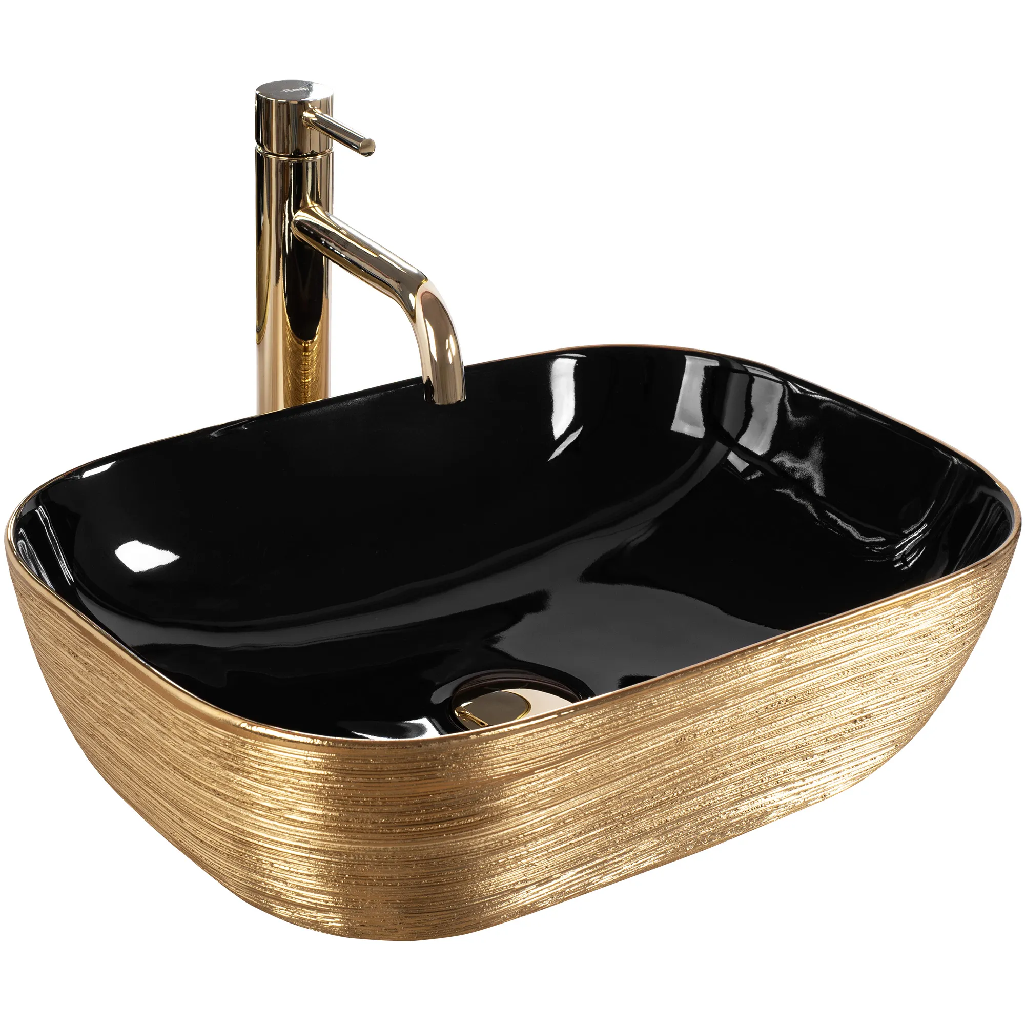 Lavoar baie pe blat formă dreptunghiulară lungime 46 cm culoare negru/auriu model Belind Black Gold Brushed