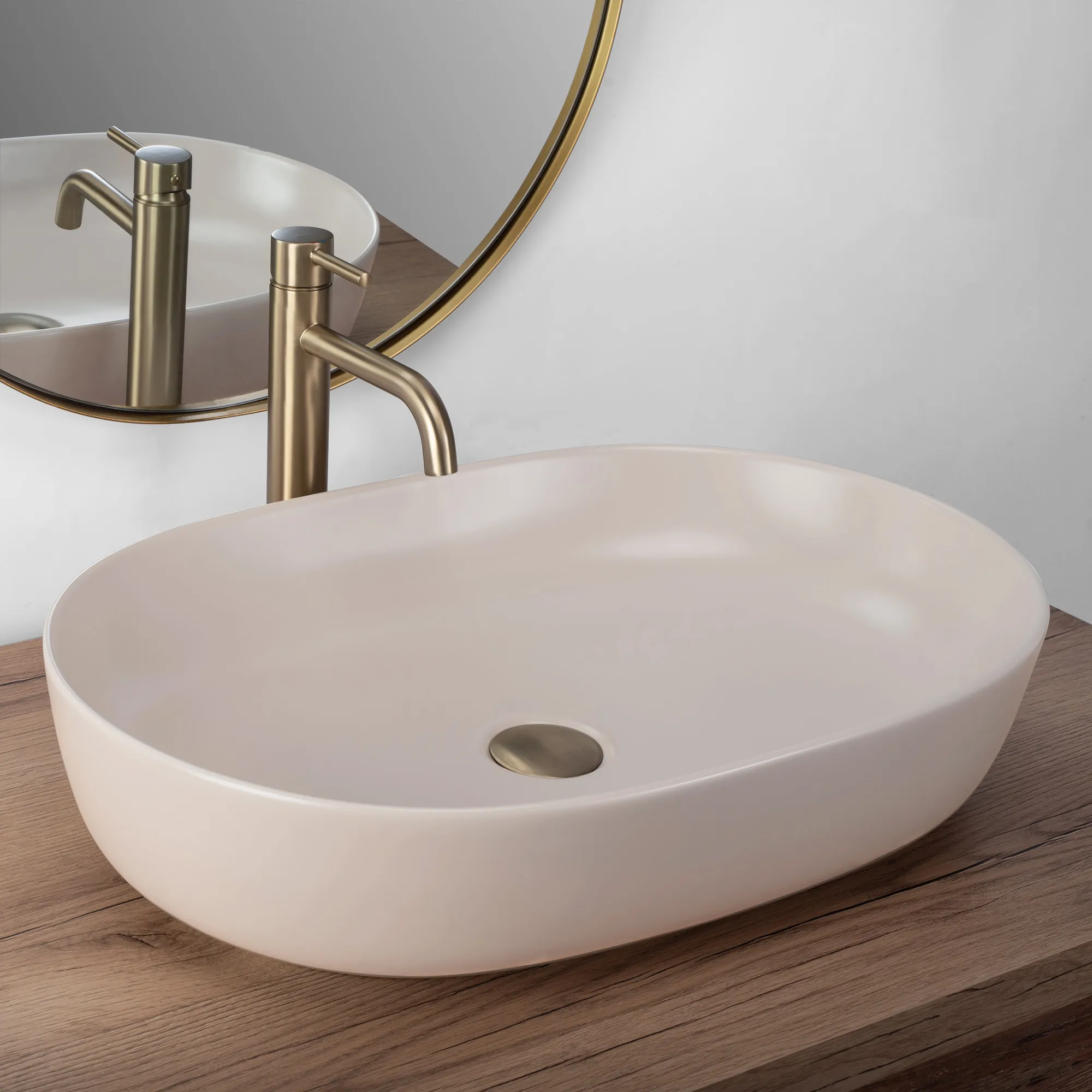Lavoar baie pe blat formă semiovală lungime 61 cm culoare crem mat model Cleo Beige Mat [1]