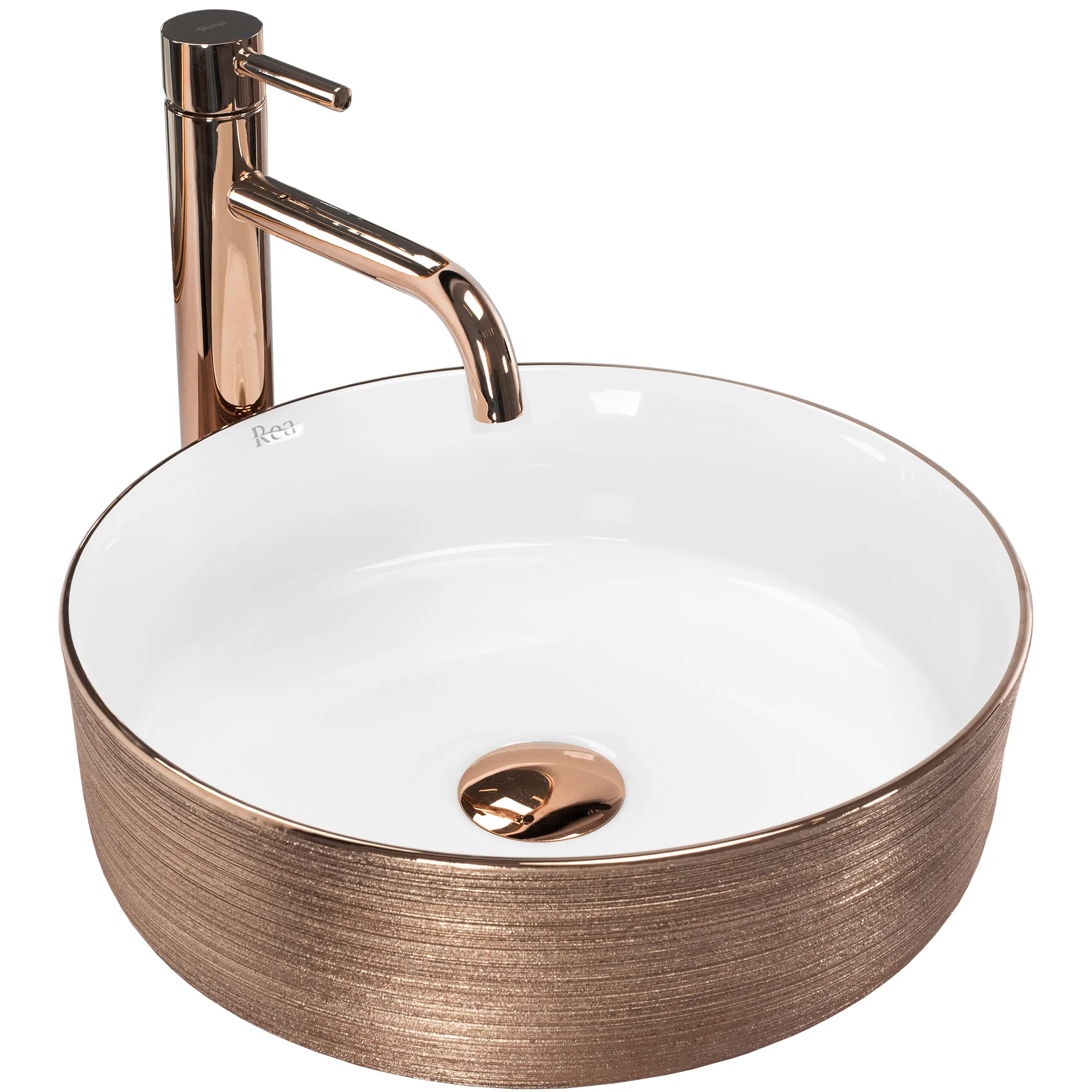 Lavoare pe blat - Lavoar pe blat formă rotundă lungime 36 cm culoare roz auriu/alb model Sami Brushed Rose Gold