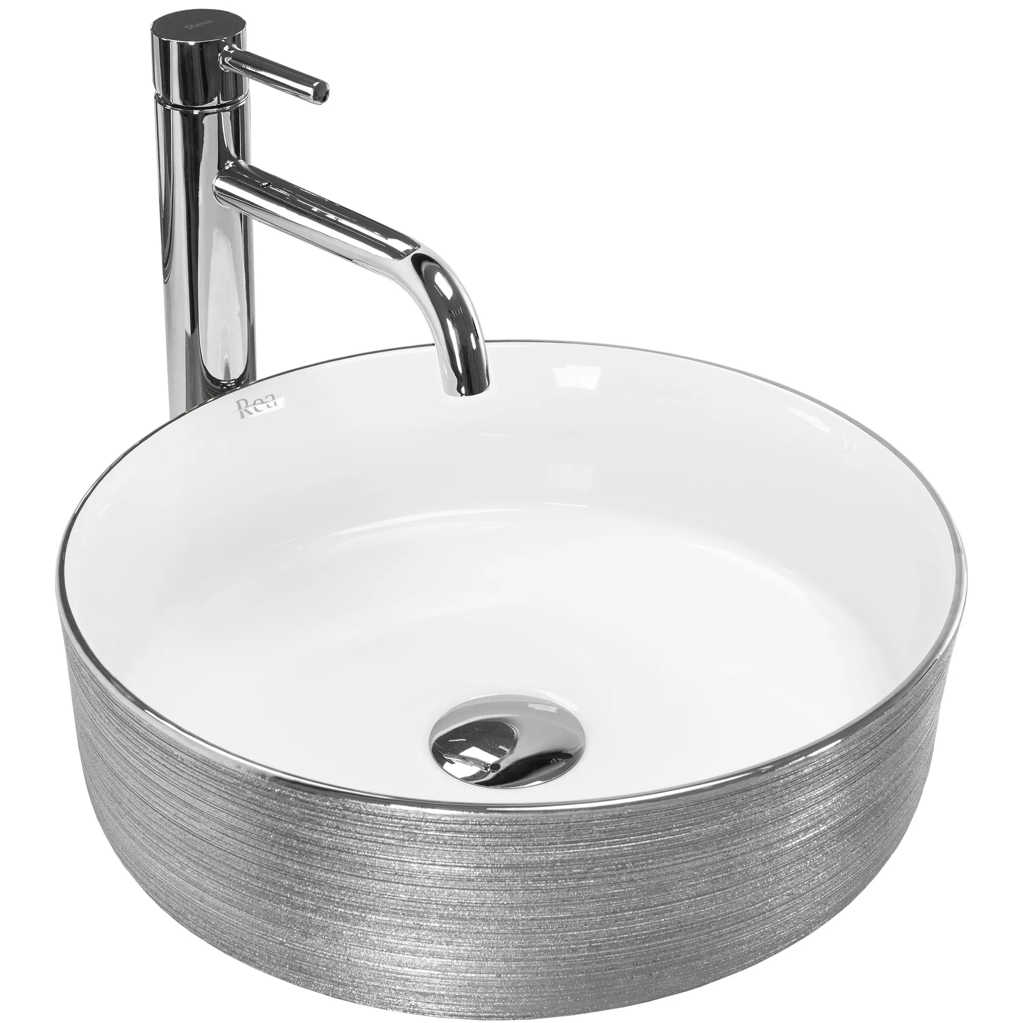 Lavoare pe blat - Lavoar pe blat formă rotundă diametru 36 cm finisaj alb/argintiu periat model Sami Brushed Silver
