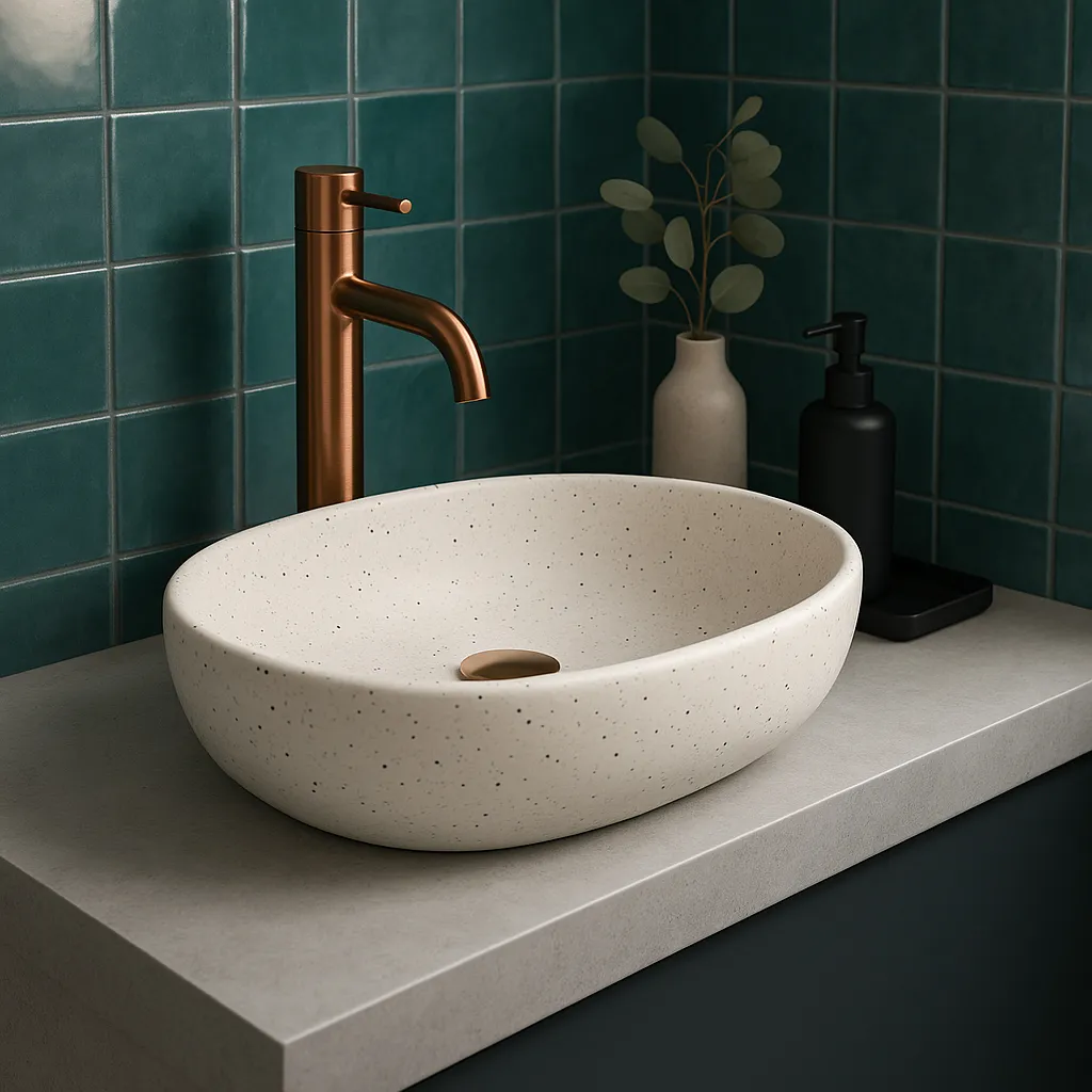 Lavoar pe blat formă semiovală lungime 48 cm finisaj mat imitație de piatră model Amelia Sandy [4]