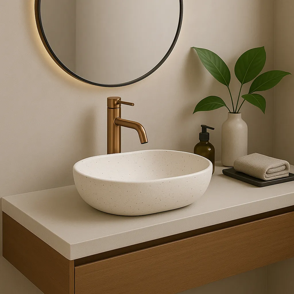 Lavoar pe blat formă semiovală lungime 48 cm finisaj mat imitație de piatră model Amelia Sandy [1]