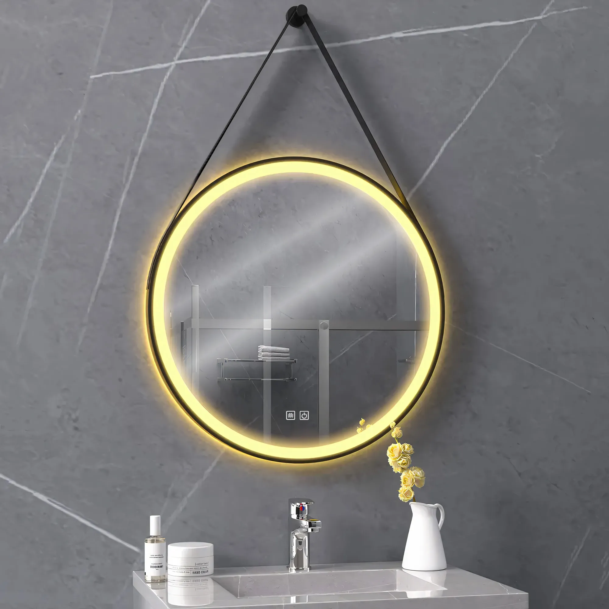 Oglindă LED suspendată pe curea și funcție de dezaburire formă rotundă culoare negru mat mărime 70 cm model Black Matt [2]