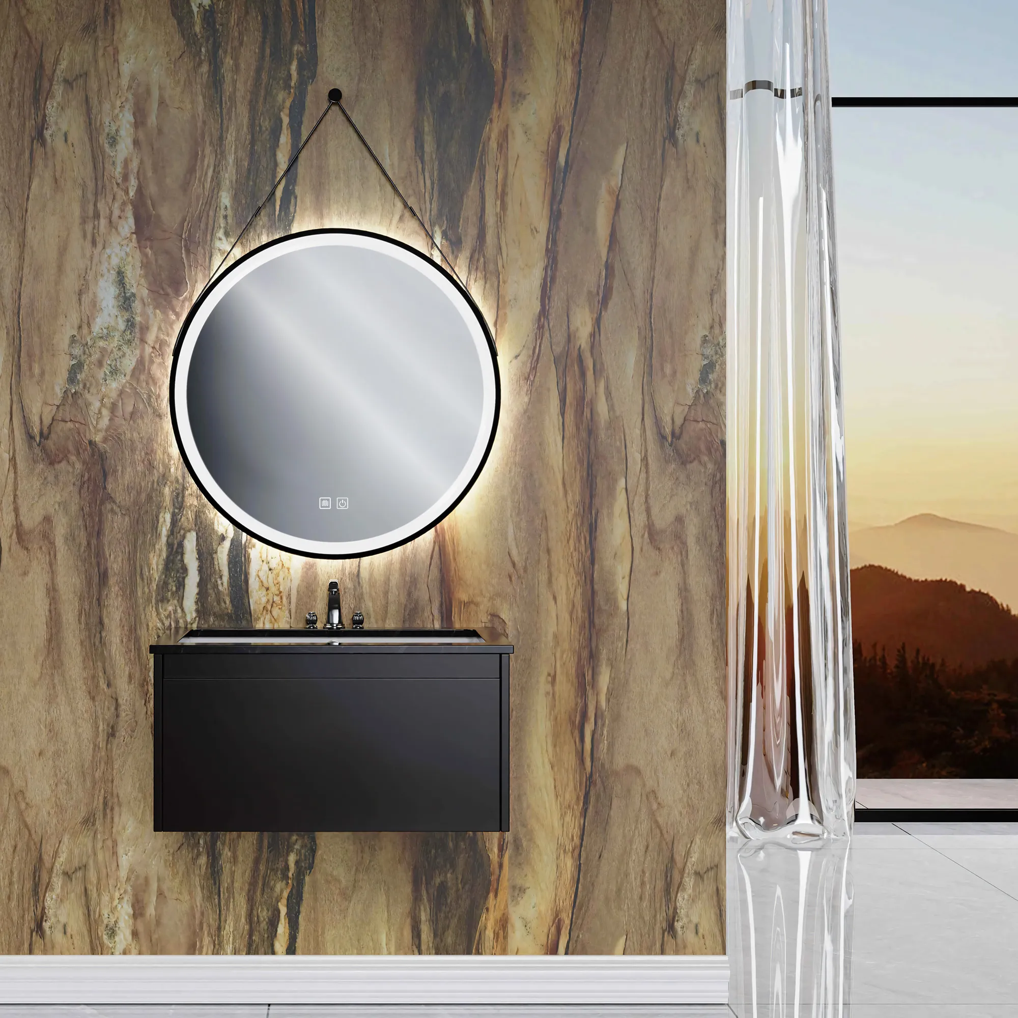 Oglindă LED suspendată pe curea și funcție de dezaburire formă rotundă culoare negru mat mărime 70 cm model Black Matt [4]