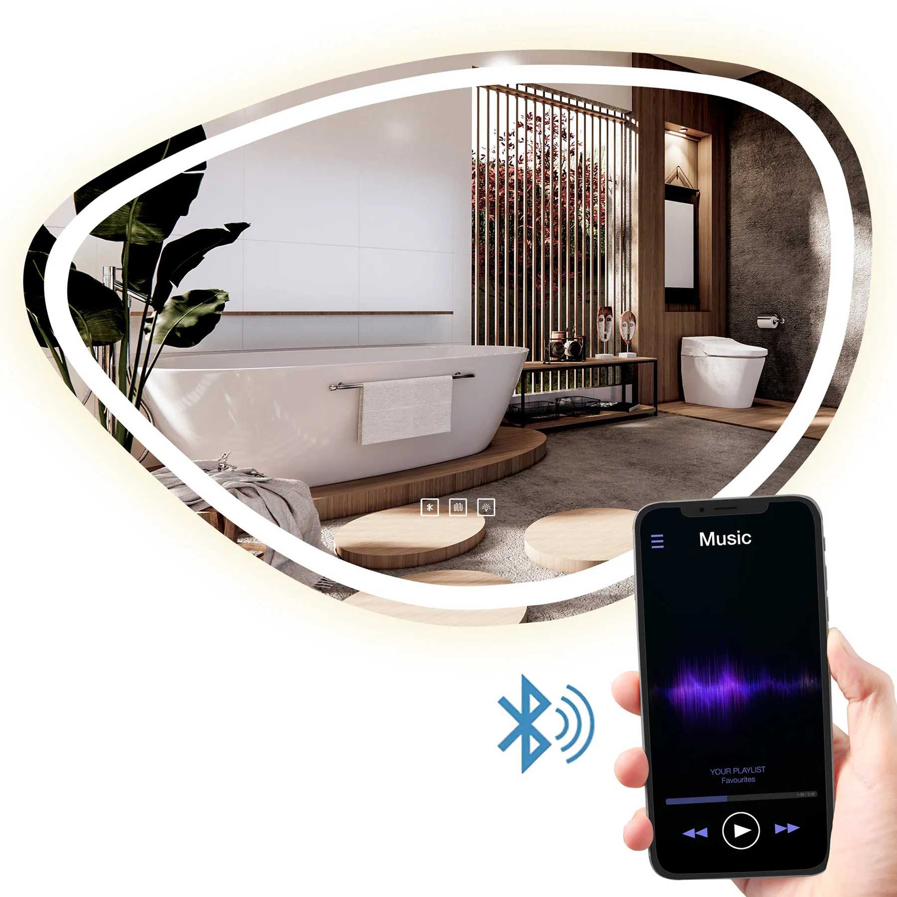 ACCESORII BAIE - Oglindă cu LED și funcție de dezaburire formă asimetrică mărime 70x100 cm model FOG Bluetooth