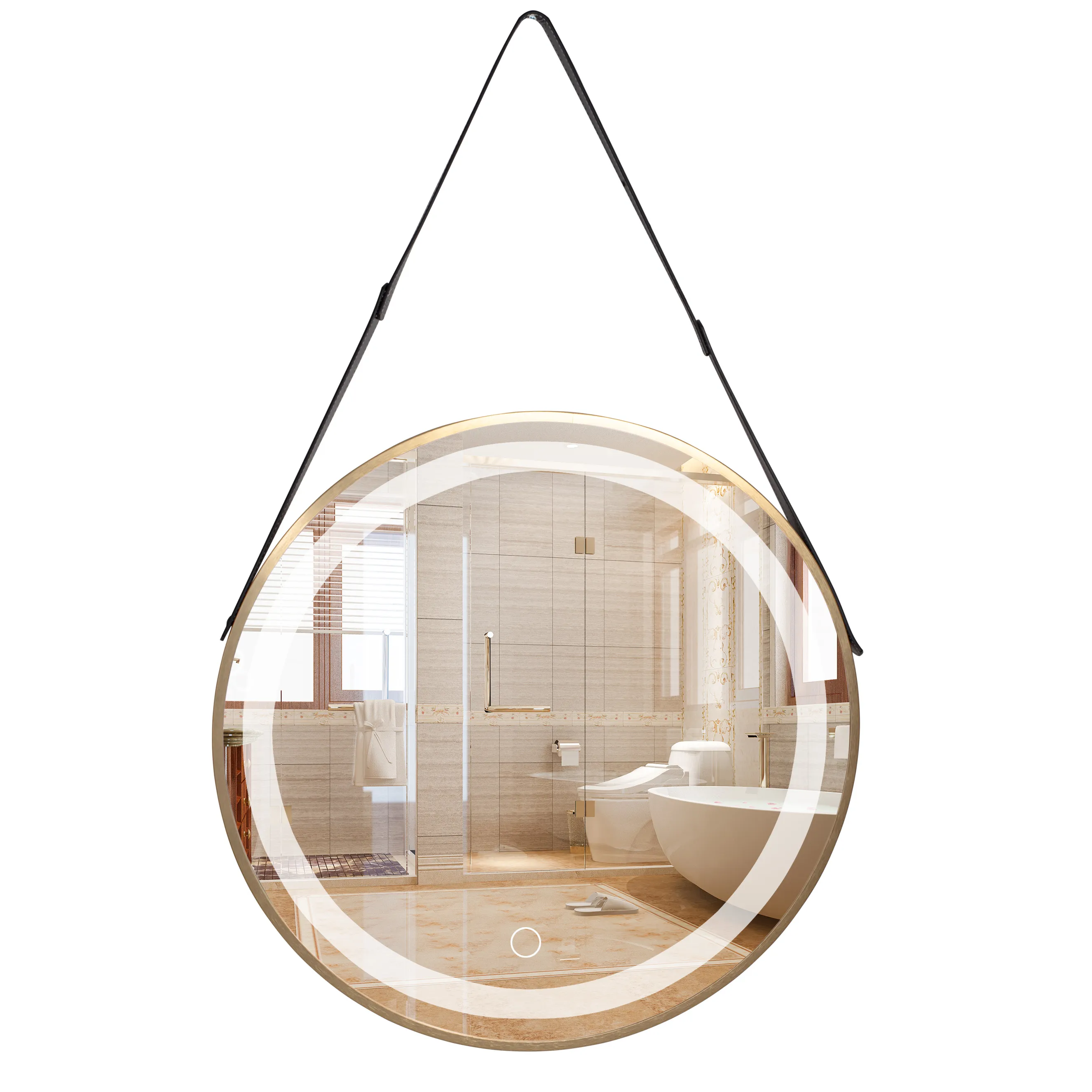 ACCESORII BAIE - Oglindă LED suspendată pe curea mărime 70 cm culoare auriu periat formă rotundă model Contemporan Brushed Gold