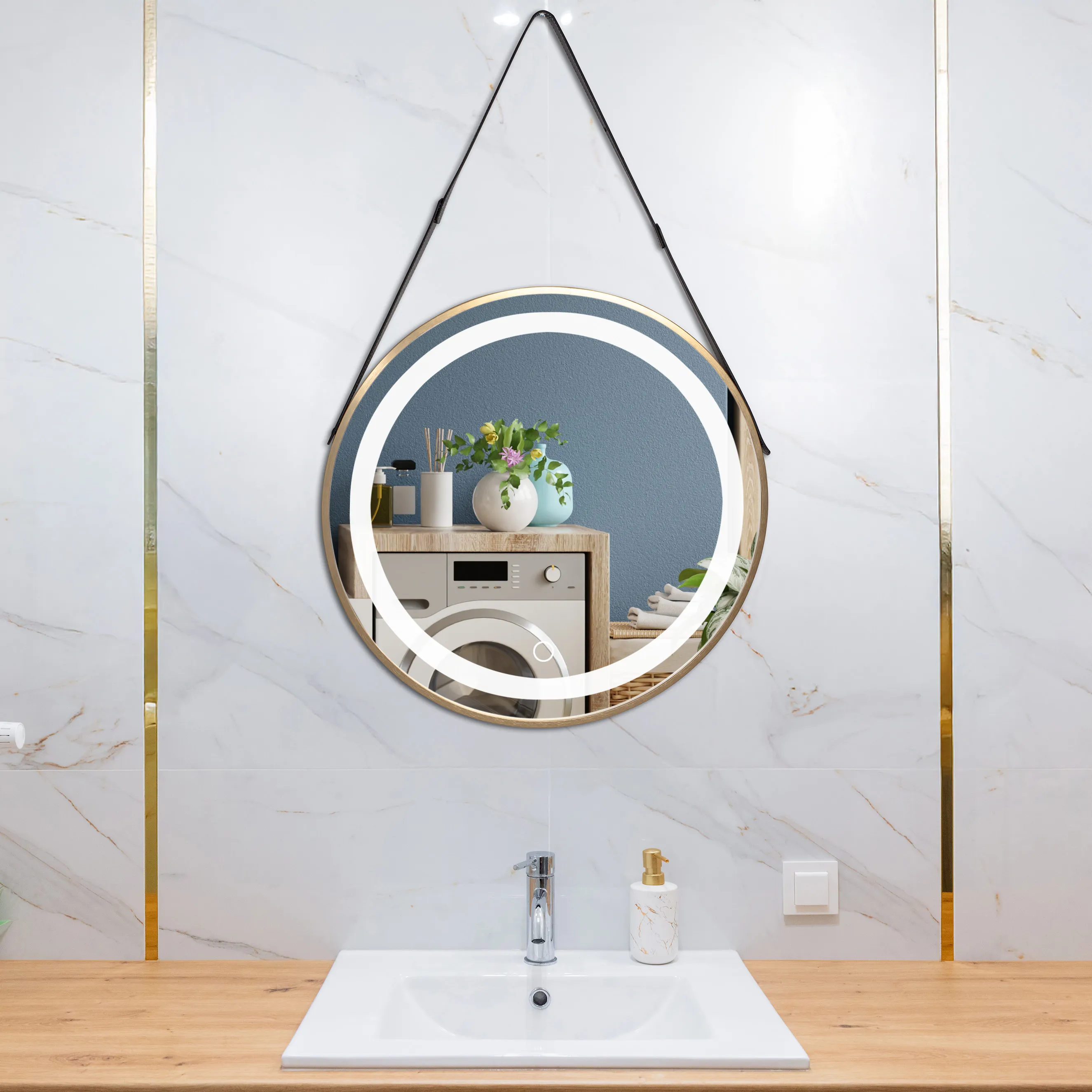 Oglindă LED suspendată pe curea mărime 70 cm culoare auriu periat formă rotundă model Contemporan Brushed Gold [1]