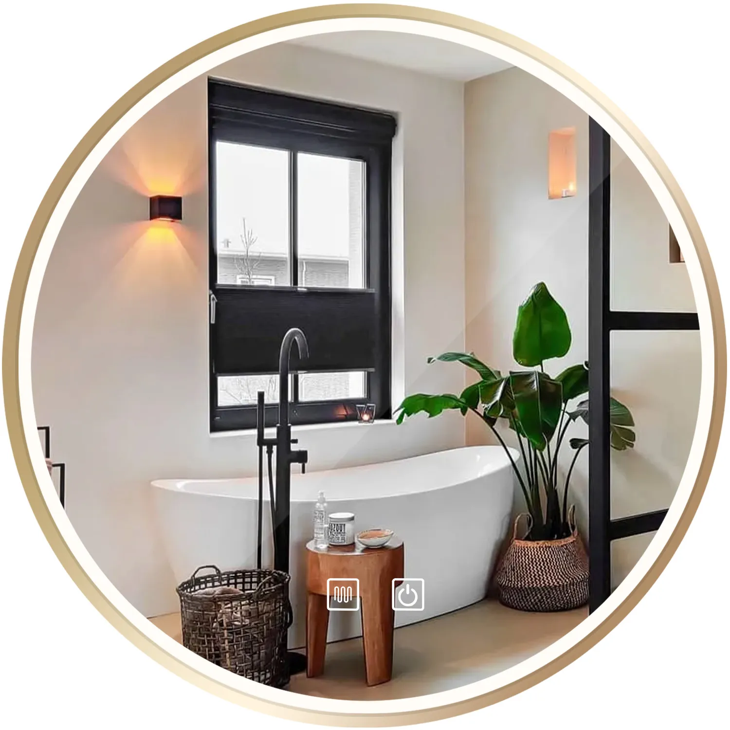 Oglinzi baie - Oglindă cu LED și funcție de dezaburire formă rotundă culoare aurie mărime 80 cm model MMJ
