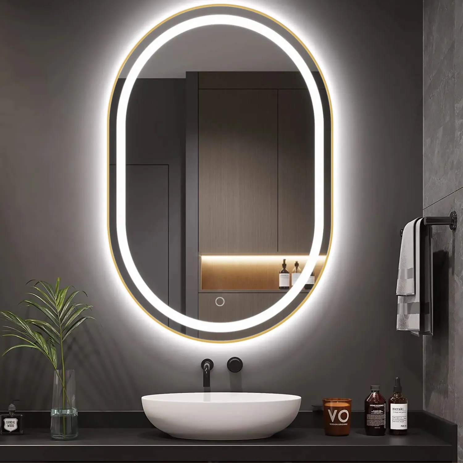 Oglindă cu LED formă ovală culoare auriu periat mărime 60x90 cm model OLL [3]