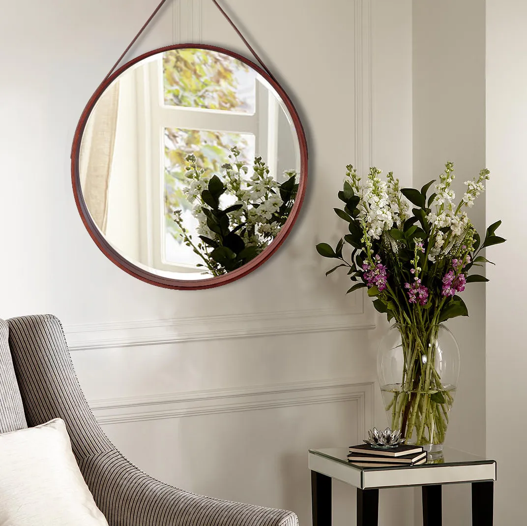 Oglindă rotundă cu ramă din lemn și curea Loft culoare maro mărime 50 cm model rotund [3]