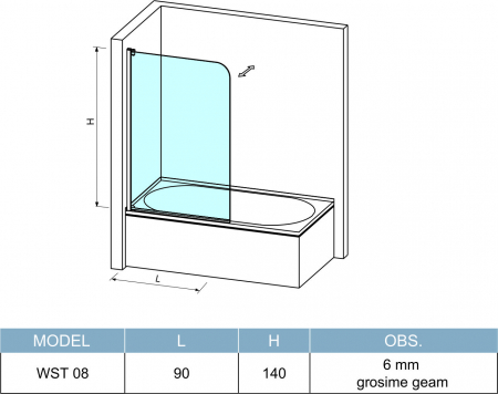 Paravan mobil pentru cadă sticlă transparentă securizată profil crom lucios mărime 90x140 cm model WST08 [4]