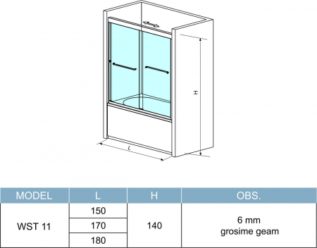 Paravan culisant pentru cadă mărime 170x140 cm profil crom lucios sticlă transparentă securizată model WST11 [5]