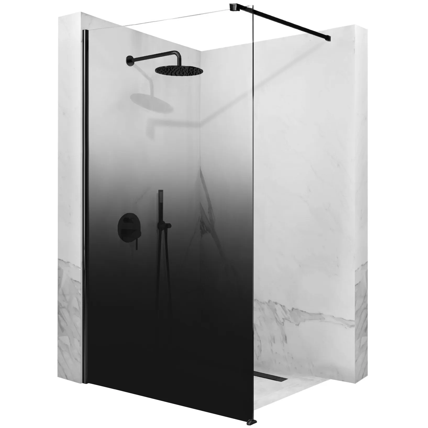 DUȘ - Perete de duș Walk-In mărime 110 cm finisaj negru mat sticlă securizată degrade de 8 mm model Aero Ombre