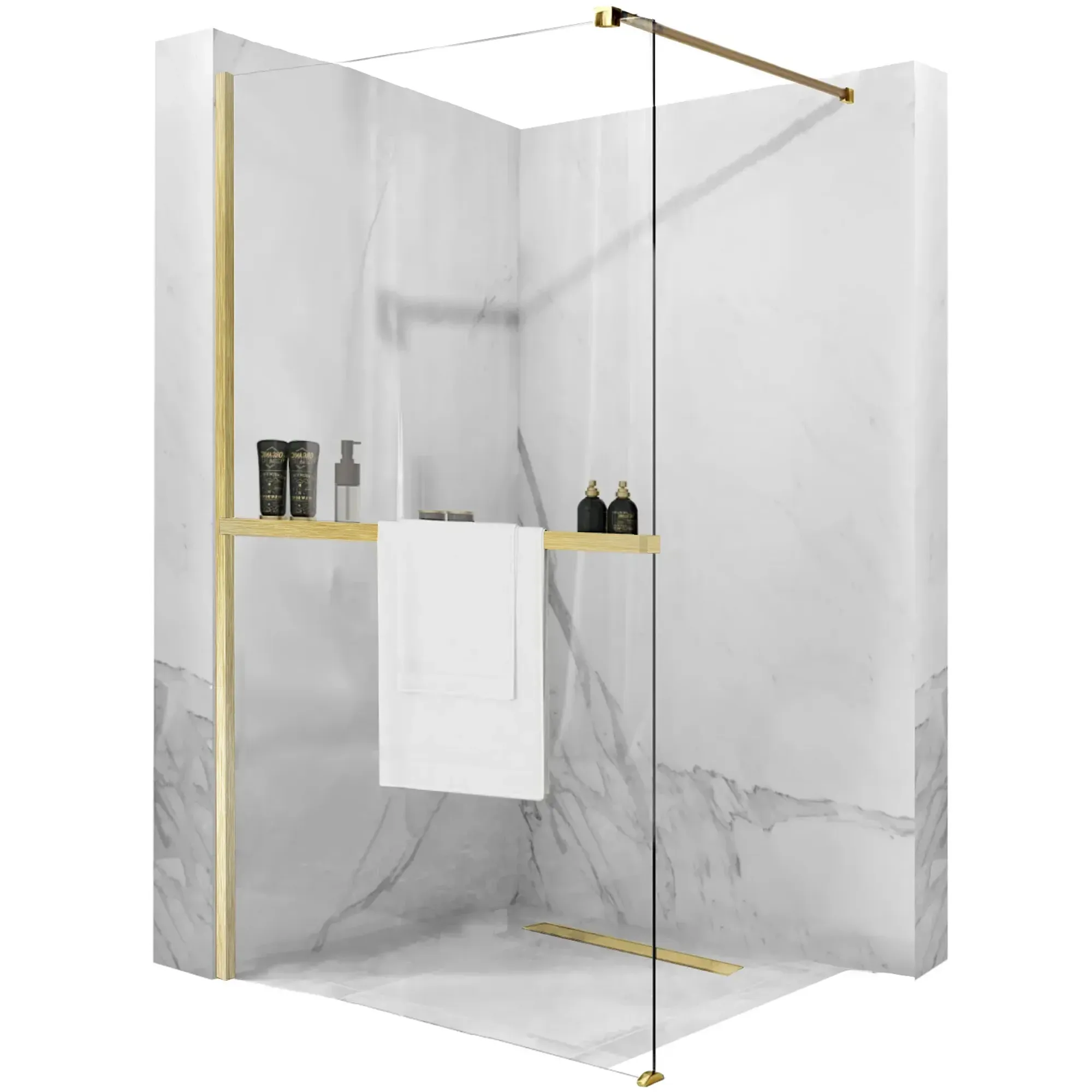 DUȘ - Perete de duș Walk-In mărime 120 cm + suport prosop EVO culoare auriu periat sticlă securizată de 8 mm model Aero Gold Brush N
