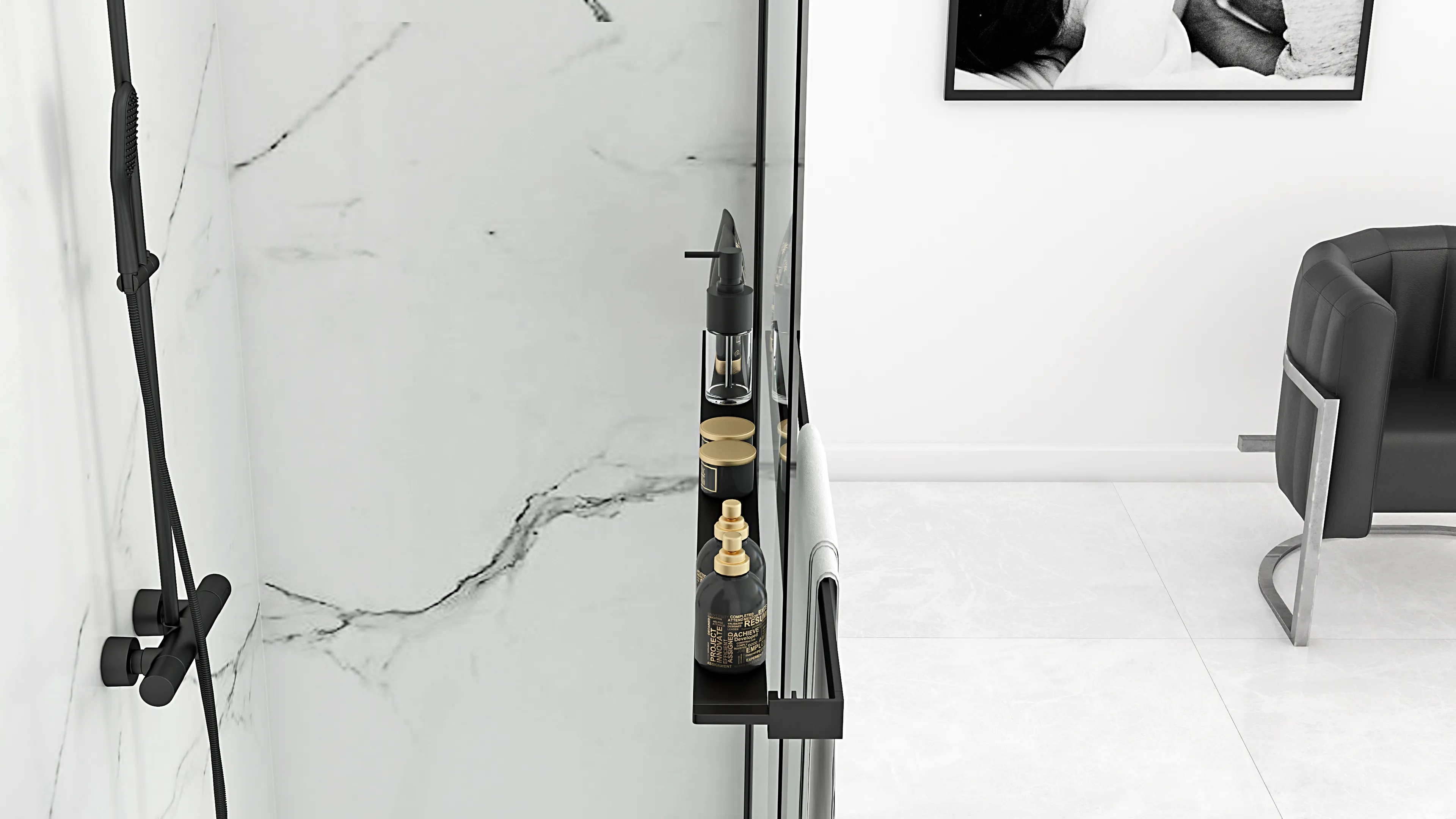 Perete de duș Walk-In mărime 100 cm + suport prosop EVO culoare negru mat sticlă securizată de 8 mm model Aero Black Matt [6]