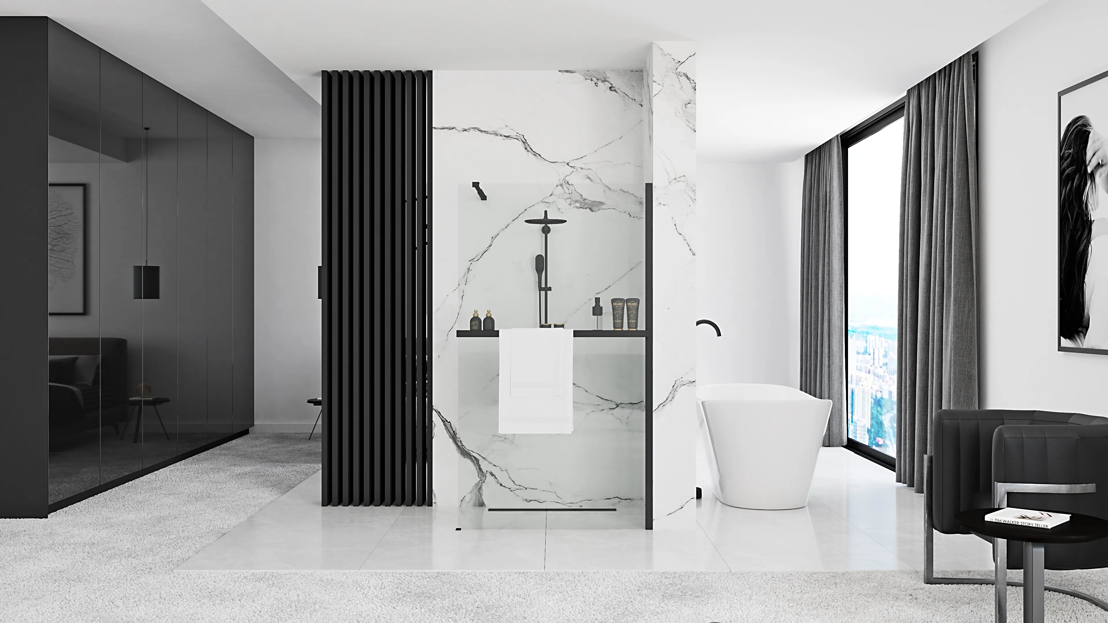 Perete de duș Walk-In mărime 110 cm + suport prosop EVO culoare negru mat sticlă securizată de 8 mm model Aero Black Matt [2]