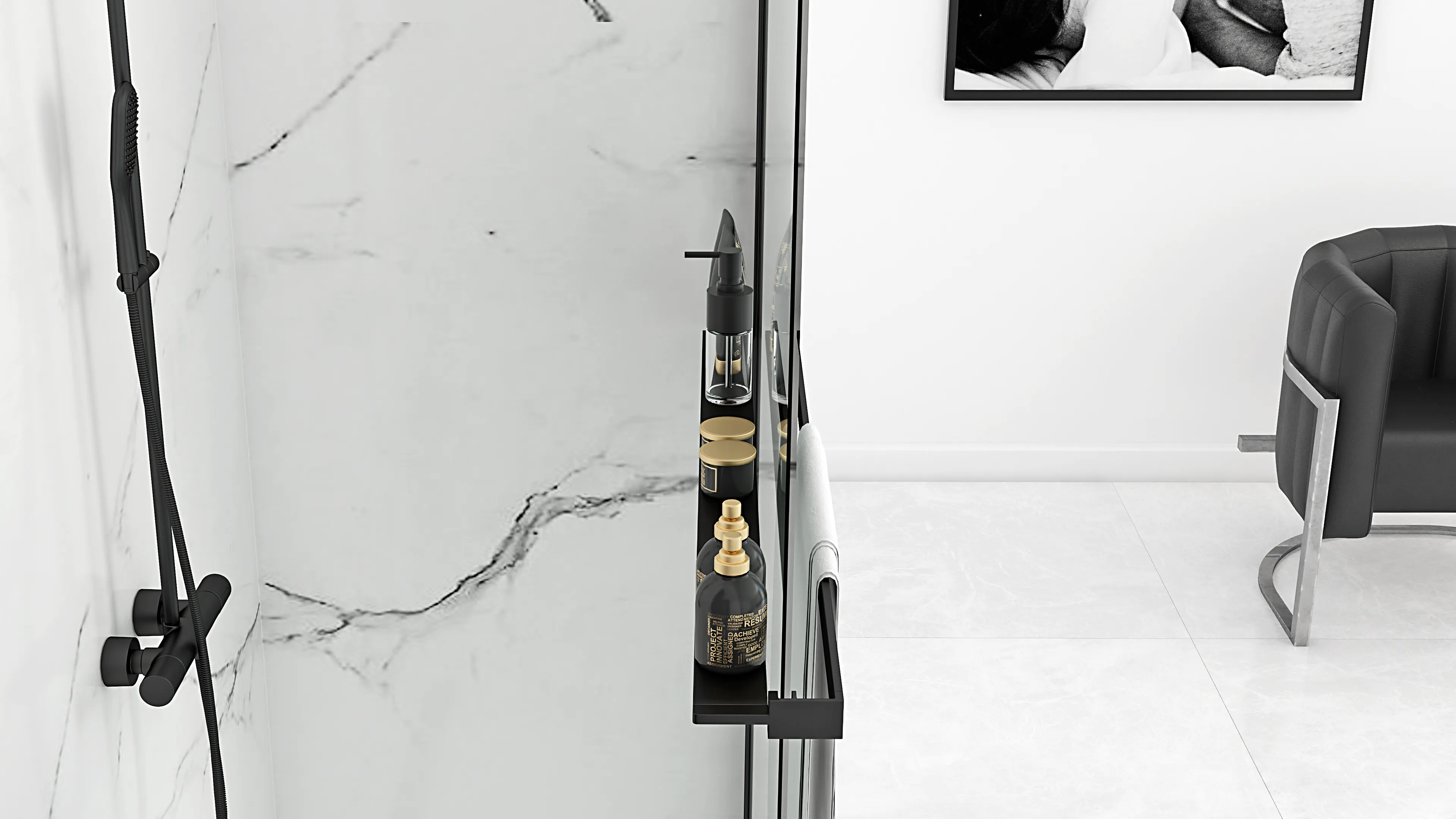 Perete de duș Walk-In mărime 110 cm + suport prosop EVO culoare negru mat sticlă securizată de 8 mm model Aero Black Matt [5]