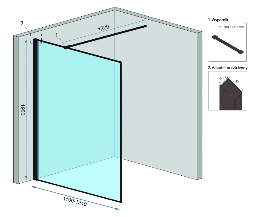 Perete duș Walk-In mărime 120 cm culoare negru mat sticlă securizată de 8 mm cu poliță și cuier Evo model Bler Black [4]