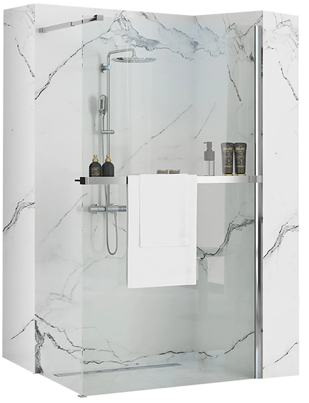 Perete de duș Walk-In mărime 100 cm + suport prosop EVO culoare crom lucios sticlă securizată de 8 mm model Aero Chrome N