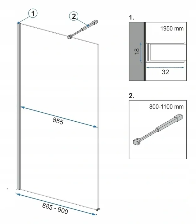 Perete de duș Walk-In mărime 90 cm + suport prosop EVO culoare negru mat sticlă securizată de 8 mm model Aero Black Matt [7]
