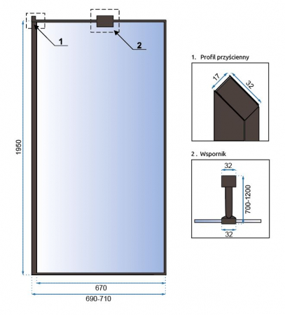 Perete duș Walk-In mărime 70 cm culoare negru mat sticlă securizată de 8 mm model Bler Black [2]