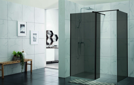 Perete de duș Walk-In mărime 150x90 cm finisaj negru mat sticlă fumurie securizată de 8 mm model WST 10