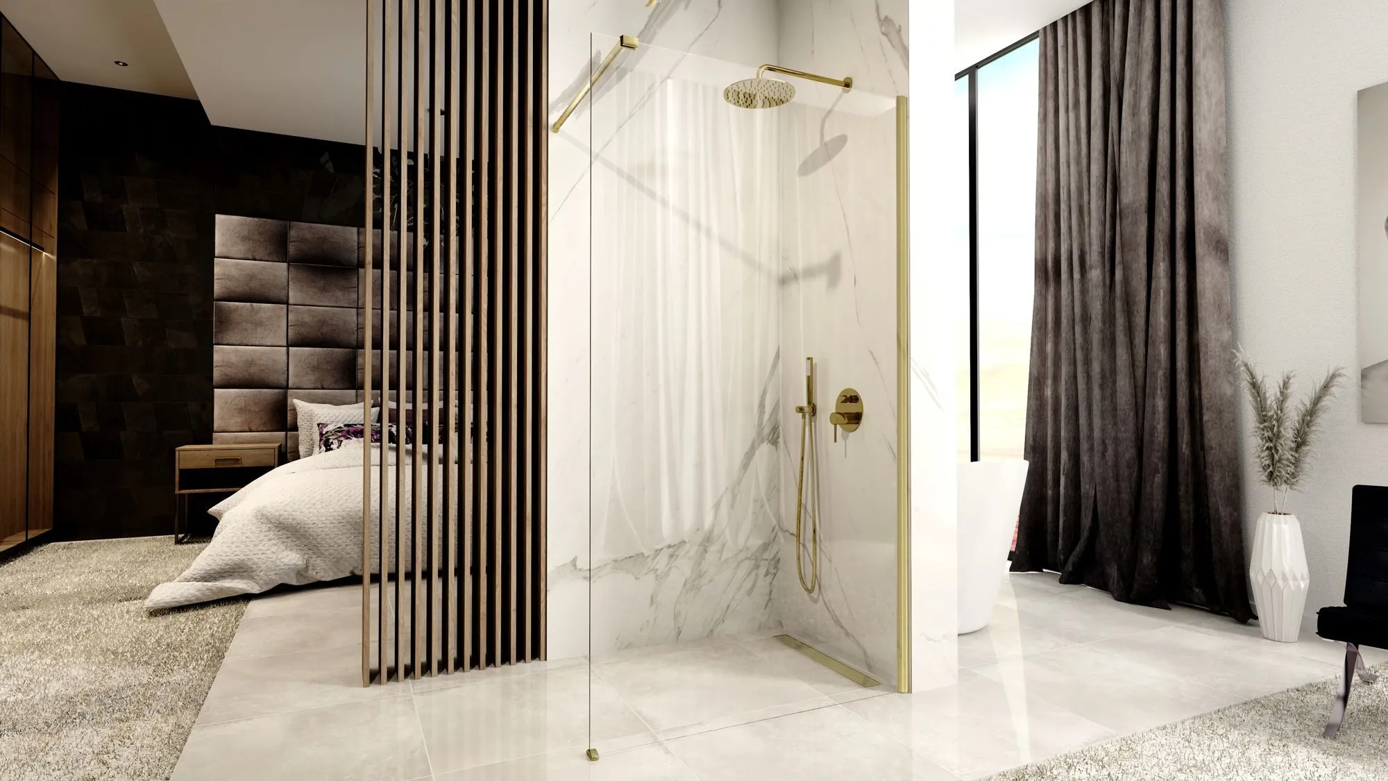 Perete de duș Walk-In mărime 100 cm culoare auriu periat sticlă securizată de 8 mm model Aero Gold Brushed [1]