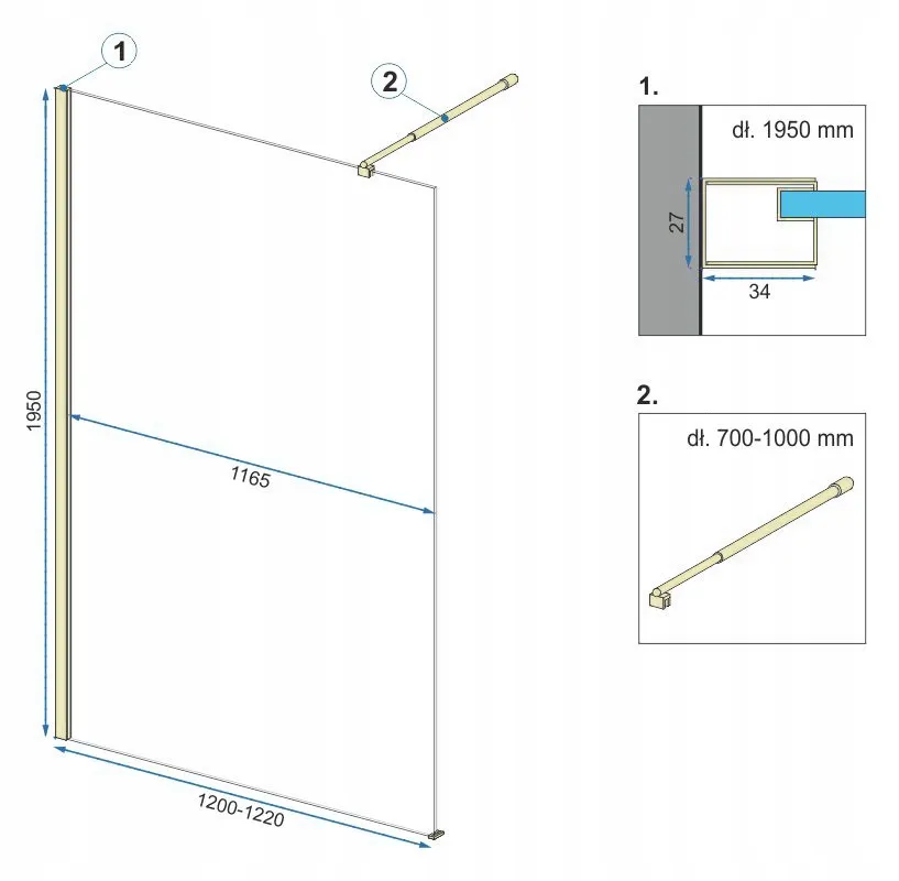 Perete de duș Walk-In mărime 120 cm culoare auriu periat sticlă securizată de 8 mm model Aero Gold Brushed [4]