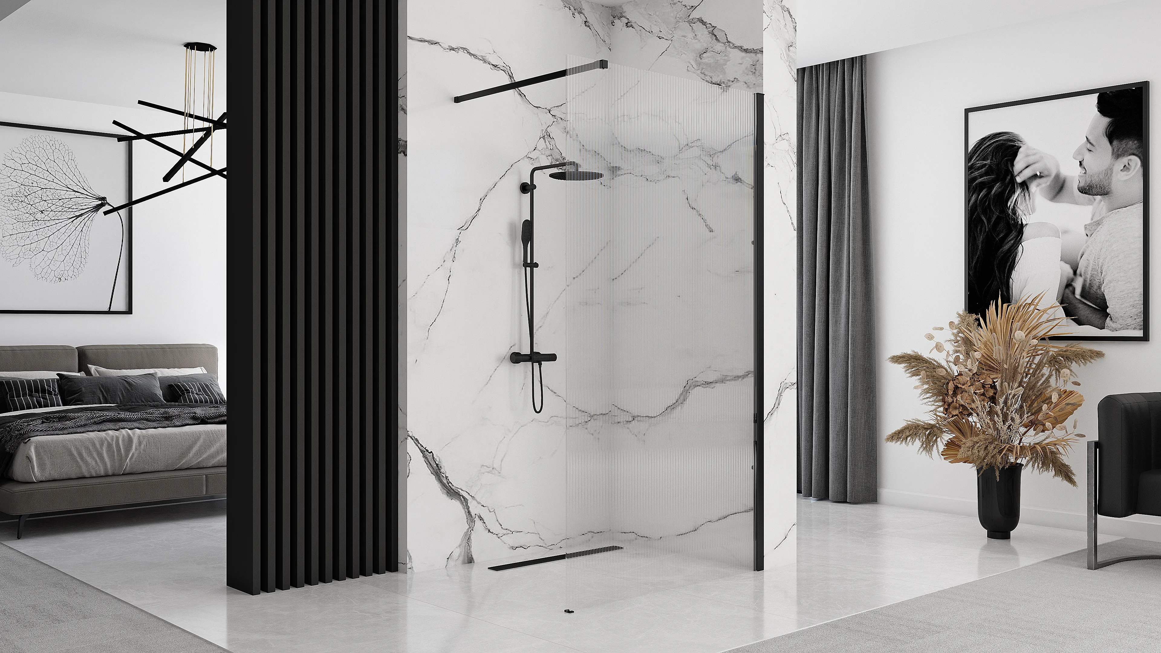 Perete de duș Walk-In mărime 120 cm finisaj negru mat sticlă securizată de 8 mm model Aero Intimo Black Matt [1]