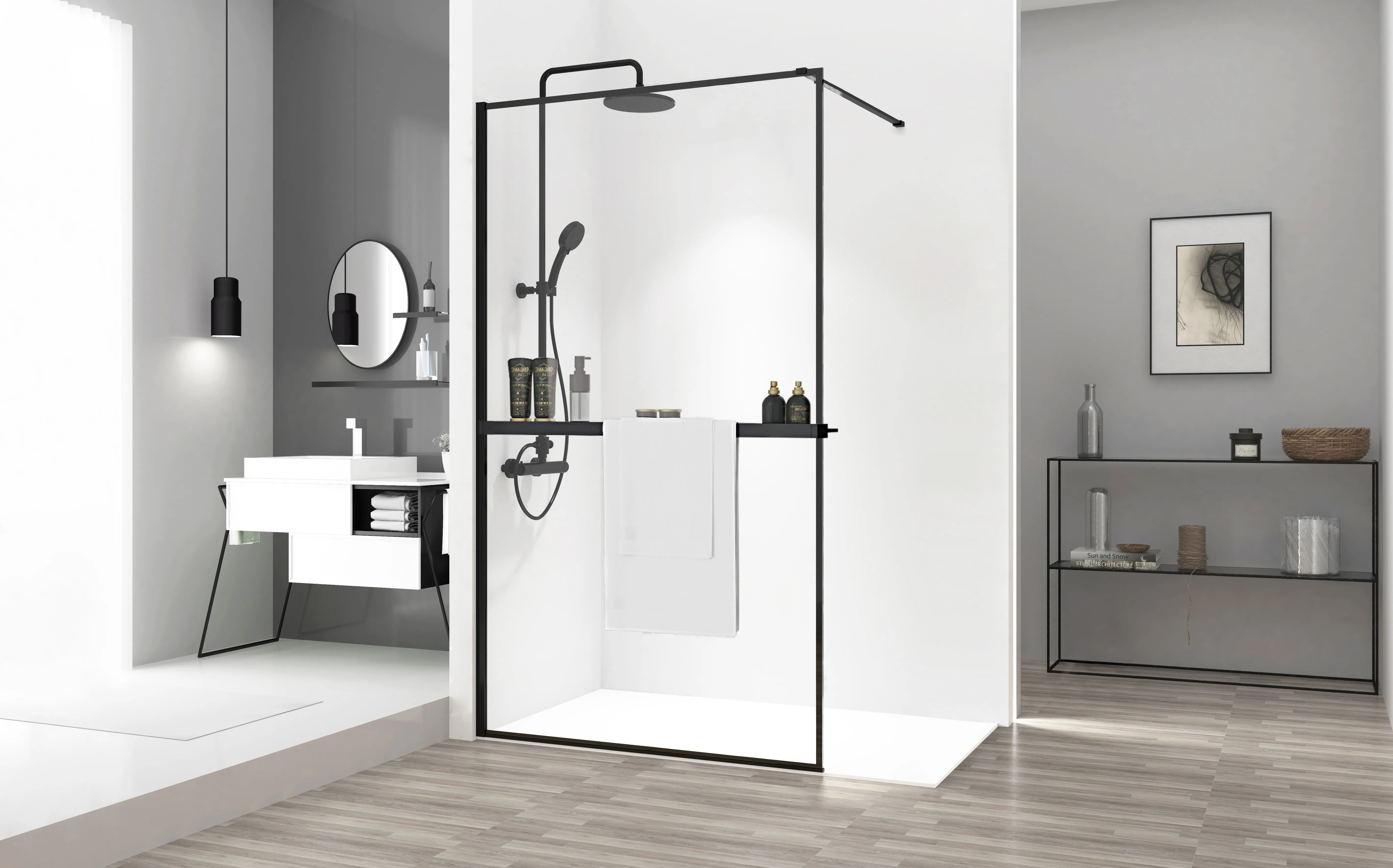 Perete duș Walk-In mărime 70 cm culoare negru mat sticlă securizată de 8 mm cu poliță și cuier Evo model Bler Black [1]