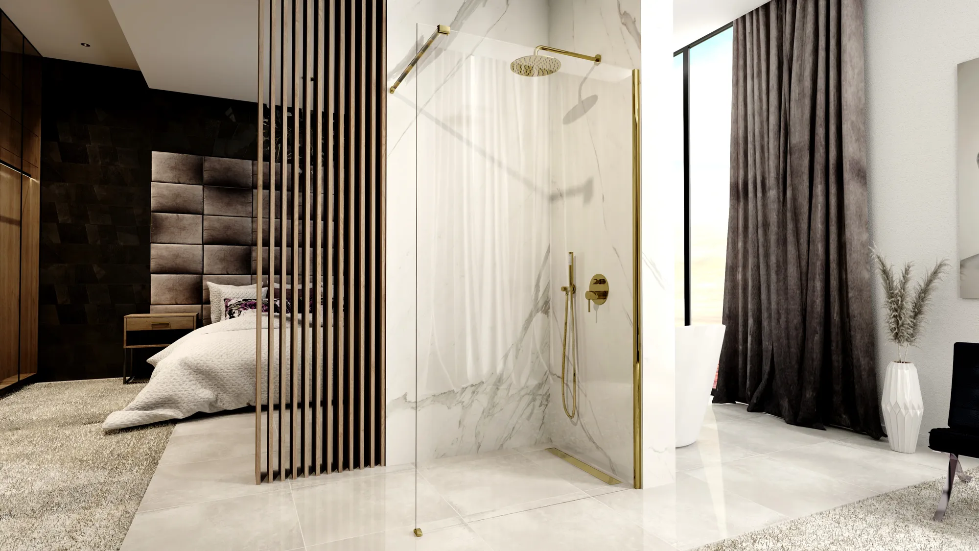 Perete duș Walk-In mărime 120 cm culoare auriu lucios sticlă securizată de 8 mm model Aero Gold [1]
