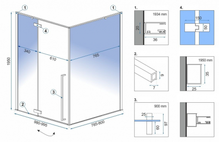 Cabină duș batantă de colț mărime 100x80 cm culoare auriu lucios sticlă securizată de 6 mm model Fargo Gold [5]