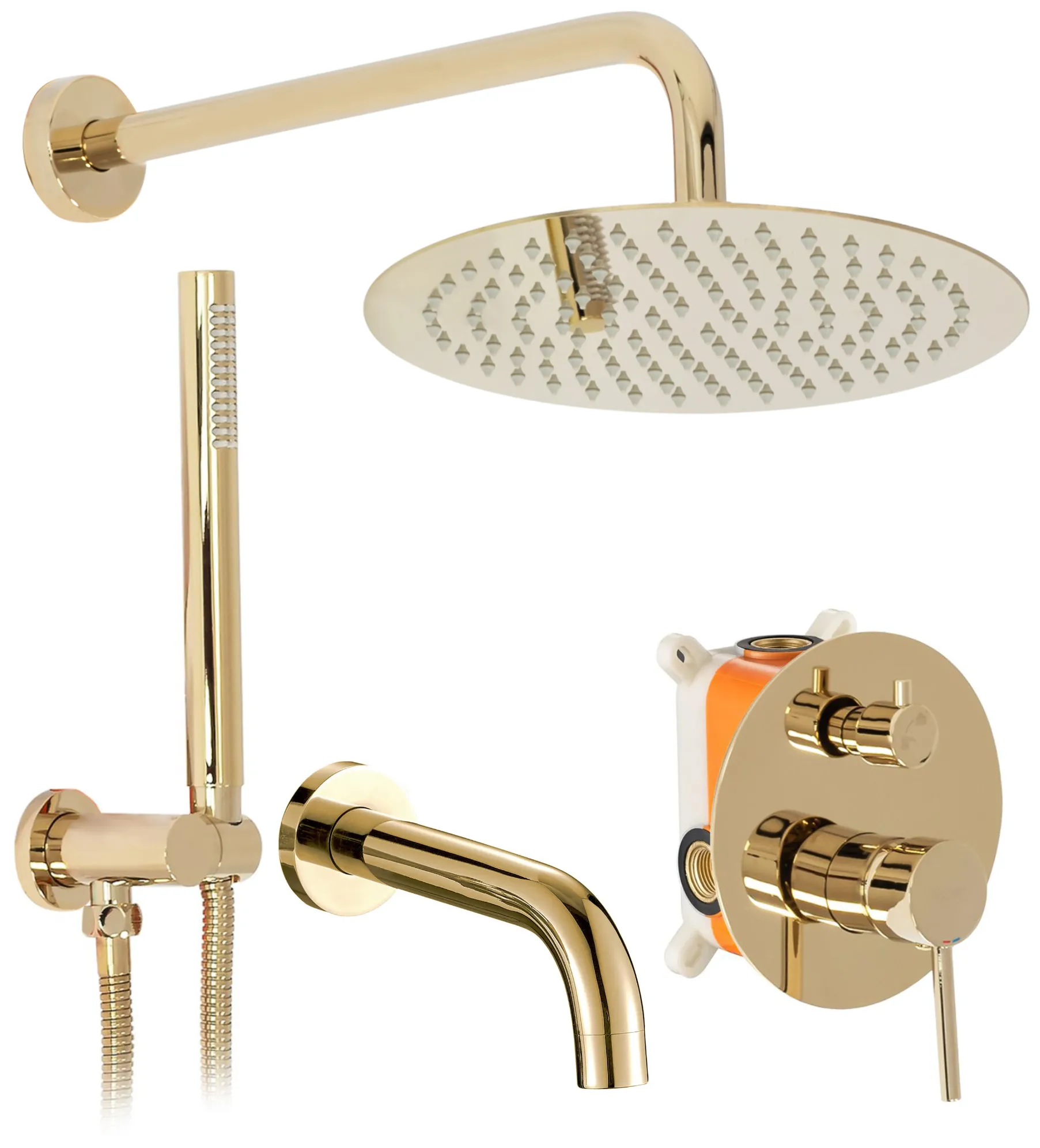 Set de duș încastrat în perete finisaj auriu lucios înălțime 16 cm model Lungo Spout Gold