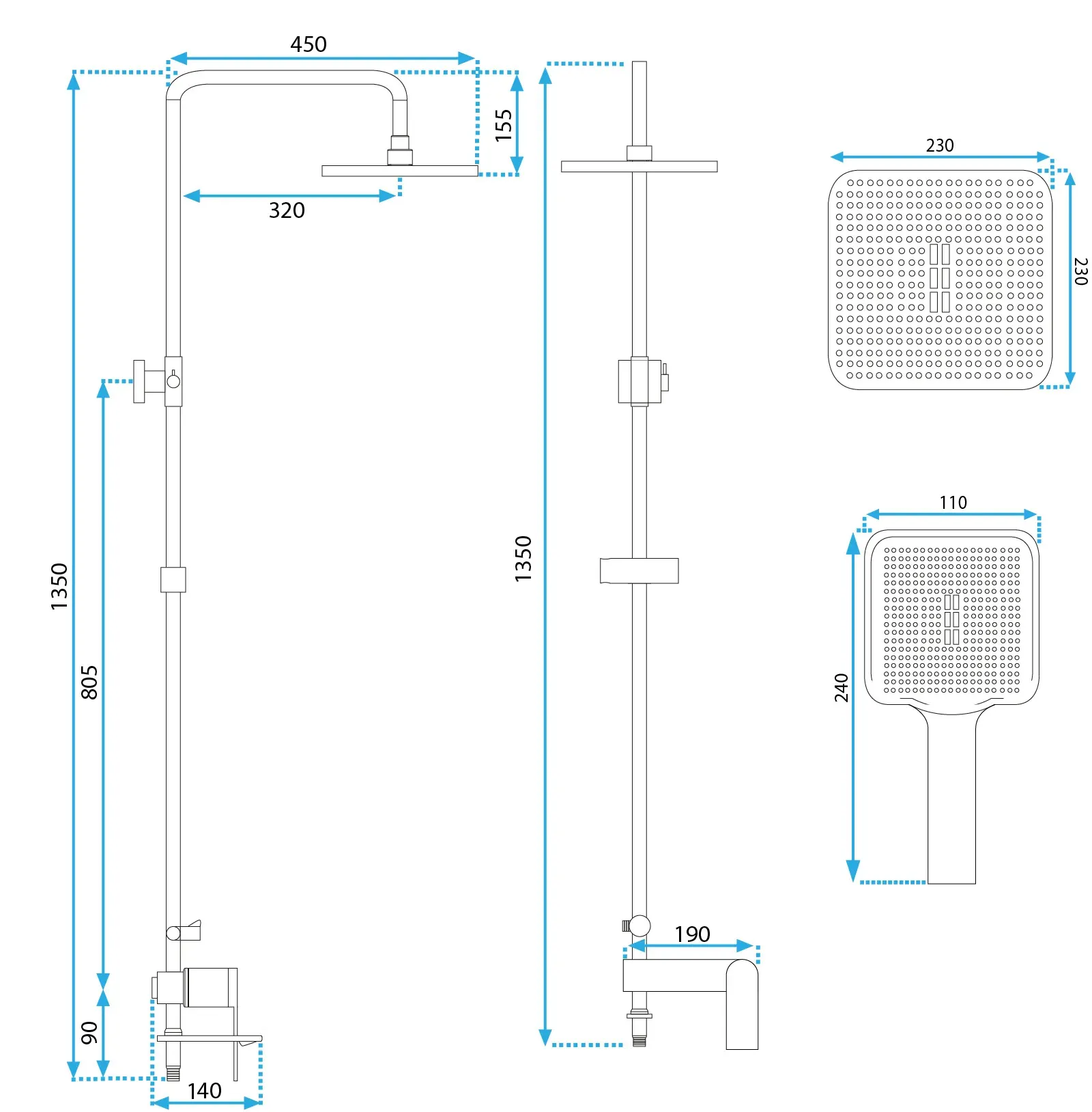 Set de duș culoare negru mat înălțime 136 cm material alamă/ABS model Storm Black Mat [5]