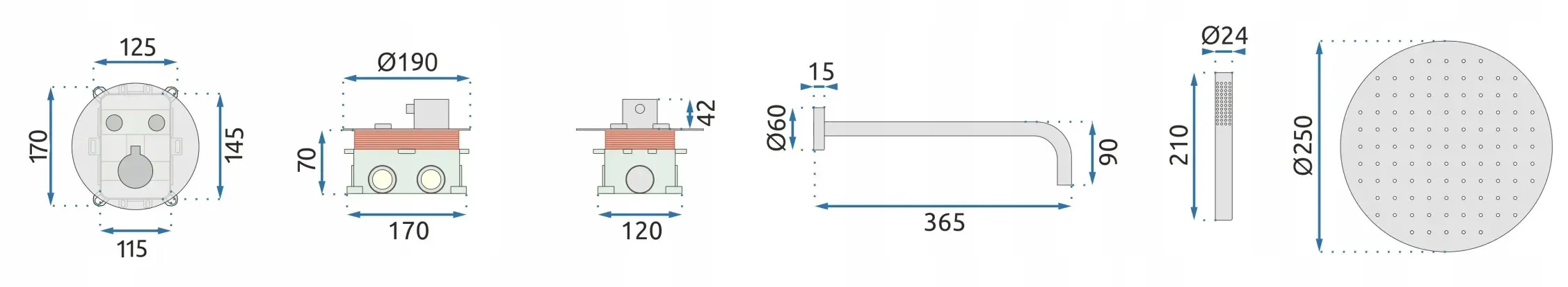 Set de duș cu termostat culoare auriu periat înălțime 17 cm material alamă model Lungo Gold Brushed [6]