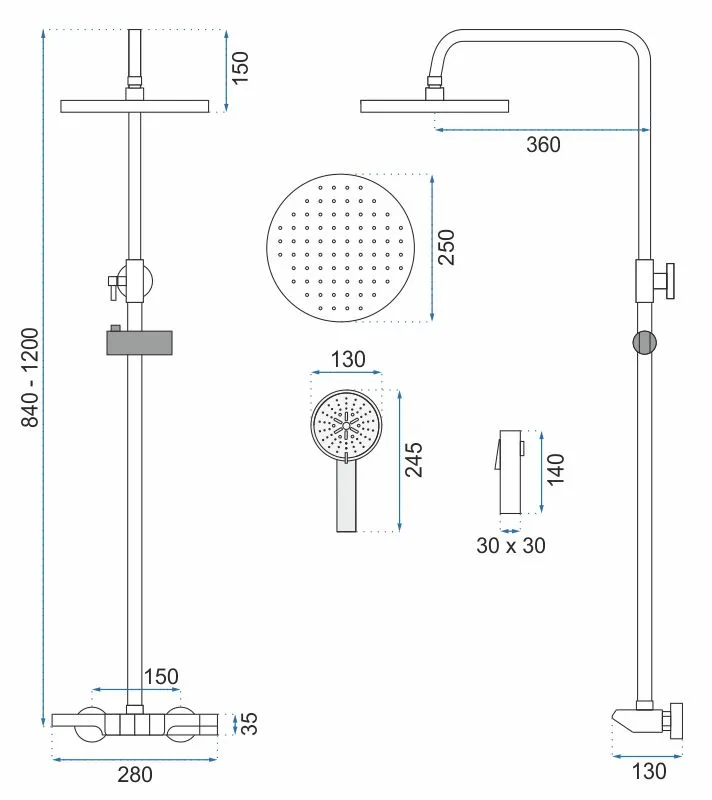 Set de duș culoare titanium înălțime 120 cm material alamă/ABS model Savio LED Titanium [7]