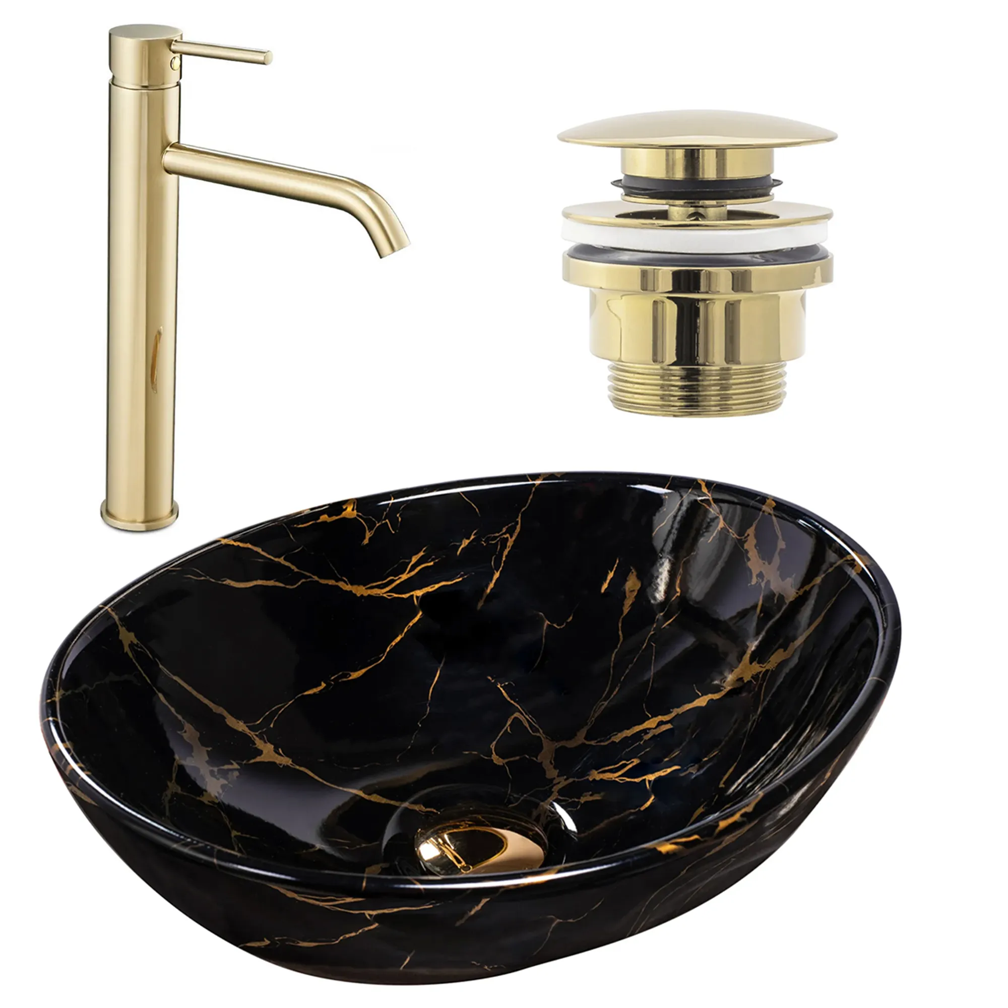 CHIUVETE / LAVOARE - Set lavoar Sofia Marble Black + Baterie Lungo Gold High + Ventil universal Gold