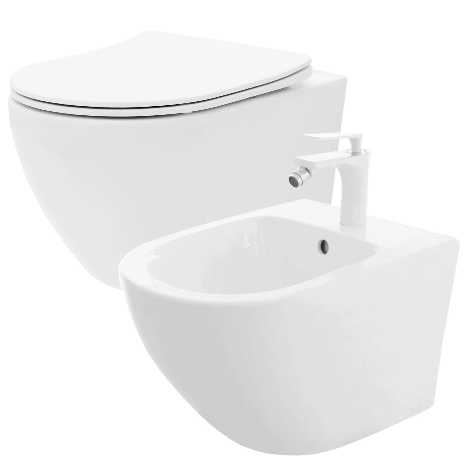Set WC și bideu - Set vas Wc + Bideu suspendabil culoare alb model Carlo Flat Mini Rimless - Rea