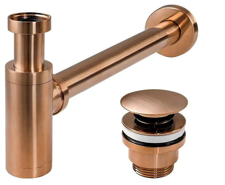 CHIUVETE / LAVOARE - Sifon universal pentru lavoar culoare cupru periat + dop tip click-clack model Copper Brushed
