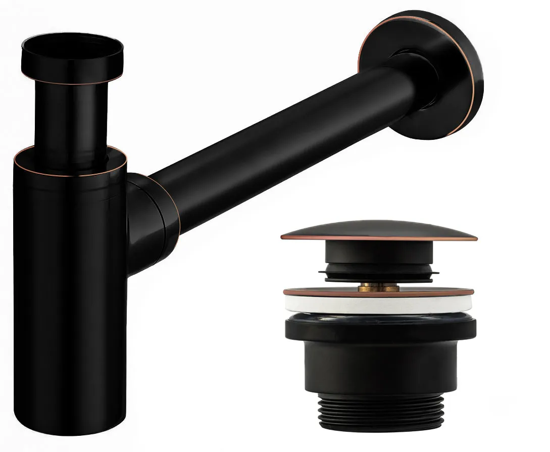 CHIUVETE / LAVOARE - Sifon universal pentru lavoar culoare negru mat old + dop tip click-clack model Old Black Matt