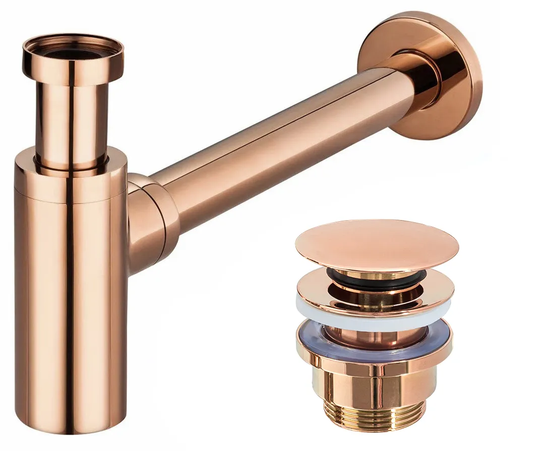 CHIUVETE / LAVOARE - Sifon universal pentru lavoar culoare roz auriu lucios + dop tip click-clack model Pink Gold