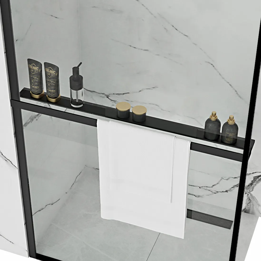 Suport prosop și poliță accesorii culoare negru mat pentru pereții de duș - Rea [2]