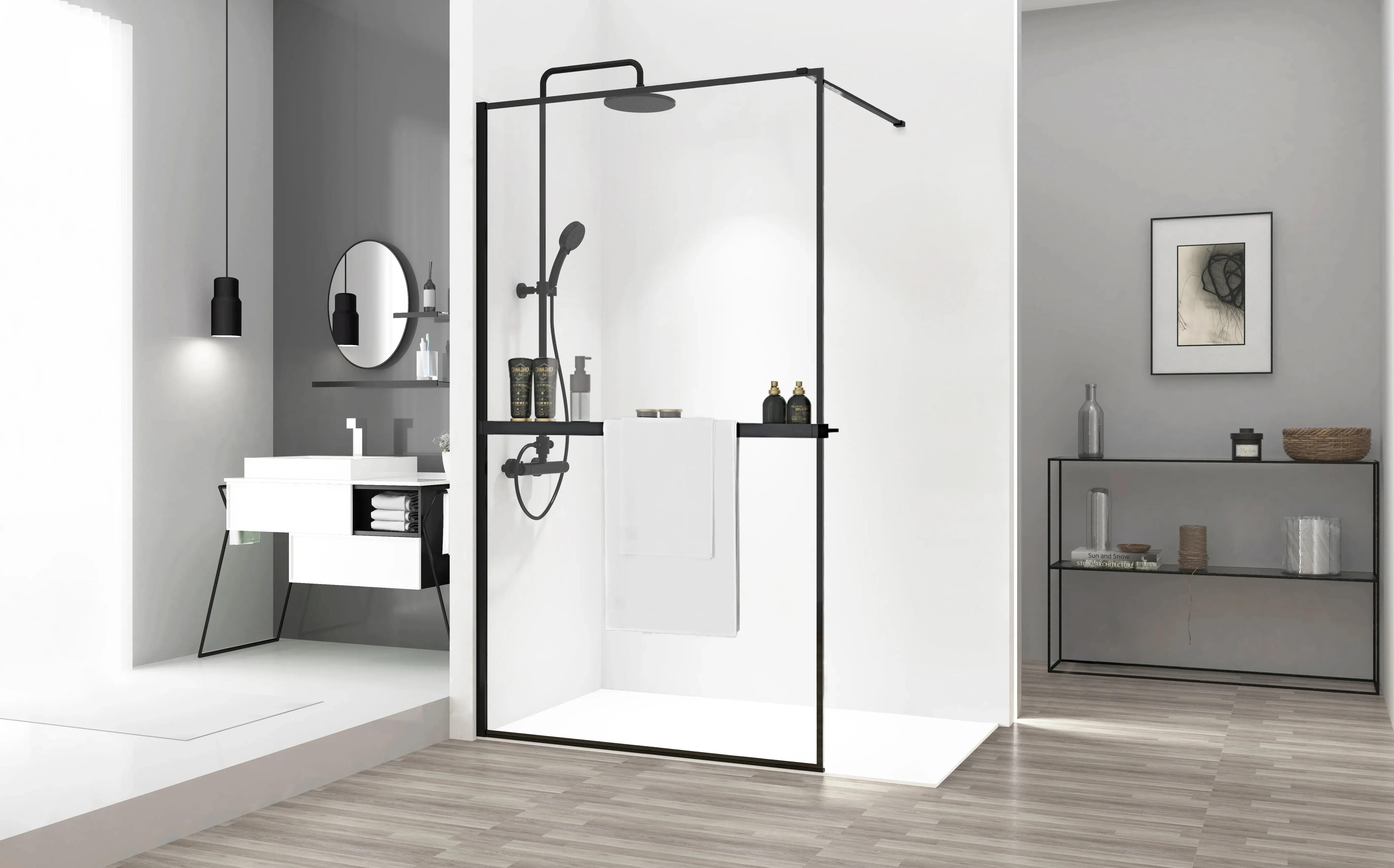 Suport prosop și poliță accesorii culoare negru mat pentru pereții de duș - Rea [4]